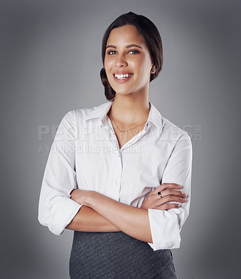Buy stock photo Pride, arms crossed and portrait of business woman in studio for professional, natural or confidence. Happy, corporate and career with face of female employee on grey background for manager and smile