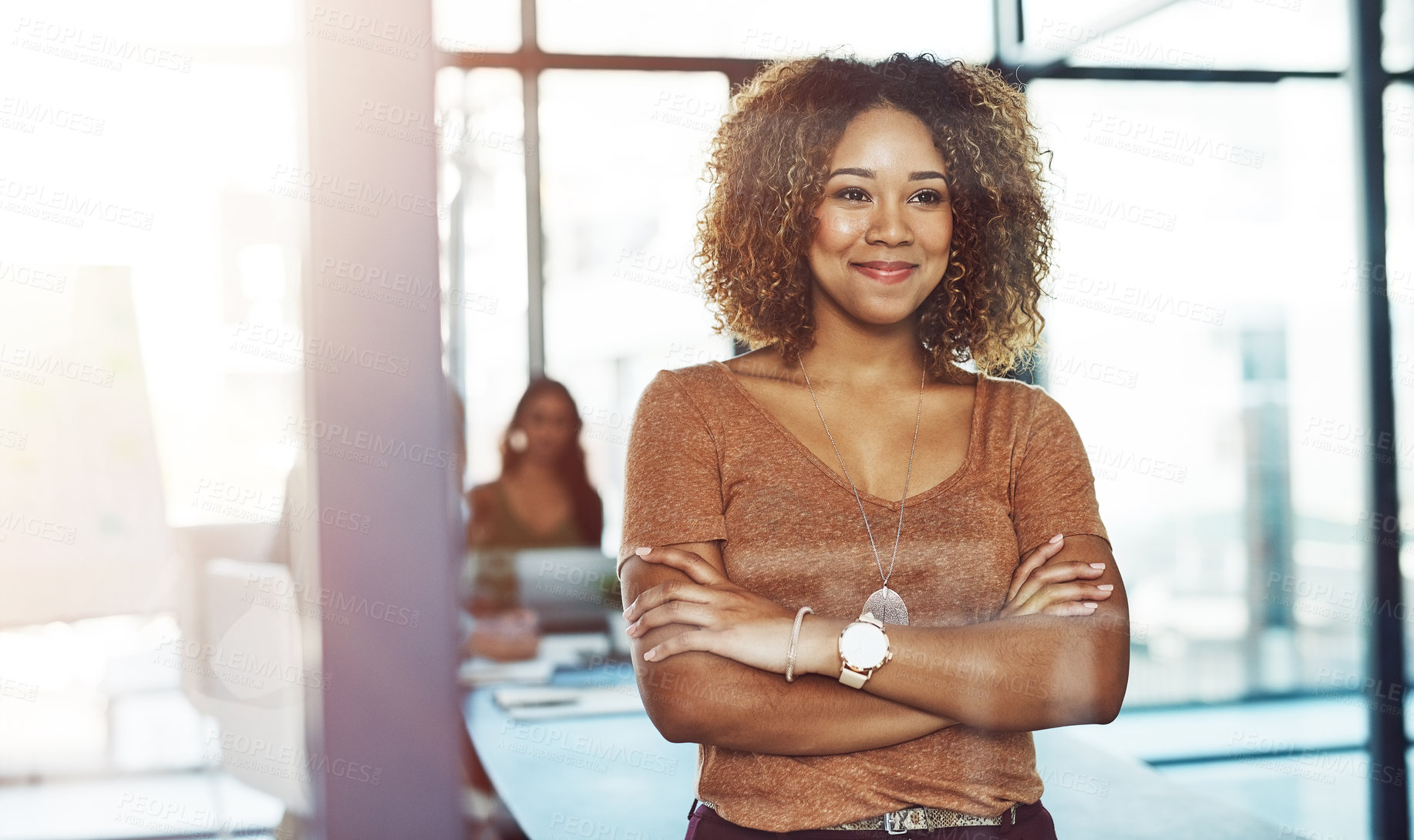 Buy stock photo Office, thinking and confident African woman with smile, glass reflection and ambition at creative agency. Happy, workshop and consultant in conference room with opportunity, ideas and arms crossed