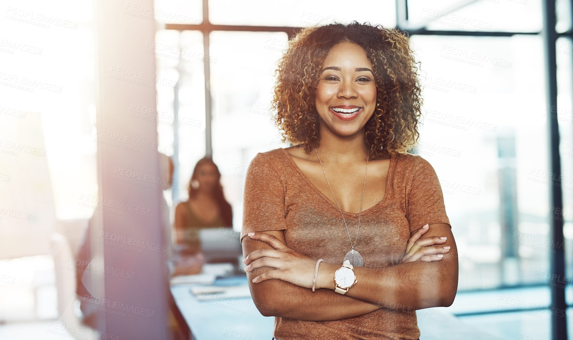 Buy stock photo Office, smile and portrait of woman with confidence, glass reflection and ambition at creative agency. Happy, workshop and consultant in meeting room with opportunity, pride and arms crossed