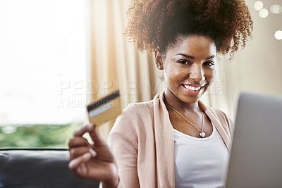 Buy stock photo Credit card, laptop and portrait of black woman on sofa in home for online shopping, internet purchase and payment. Ecommerce, fintech and person on computer for website, sales and digital banking