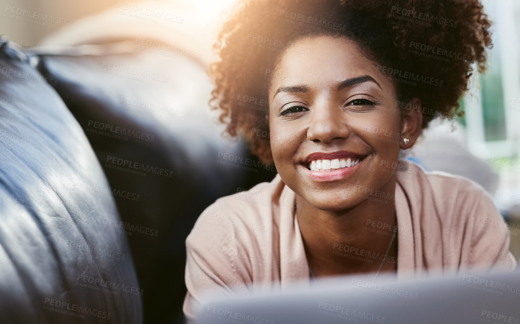 Buy stock photo Woman, portrait or happy with laptop on couch for internet browsing, online shopping or social media scroll. African person, smile or relax with technology in home for streaming service or dating app