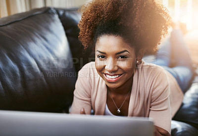 Buy stock photo Woman, laptop and portrait on home couch or streaming for movie subscription, living room or online shopping. Female person, technology and website search with internet connection, film or weekend