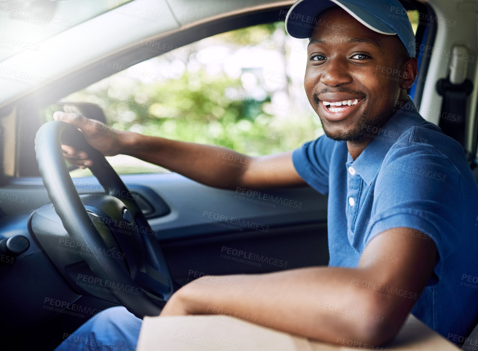 Buy stock photo African delivery man, driving and happy in car with boxes, stock and portrait at job in supply chain. Person, courier and  smile in commercial vehicle for cardboard package, shipping and transport
