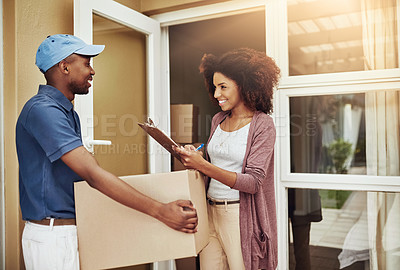 Buy stock photo African delivery man, woman and signature for package, stock or import document at front door. People, courier and writing with smile for invoice, clipboard or box with customer satisfaction at house