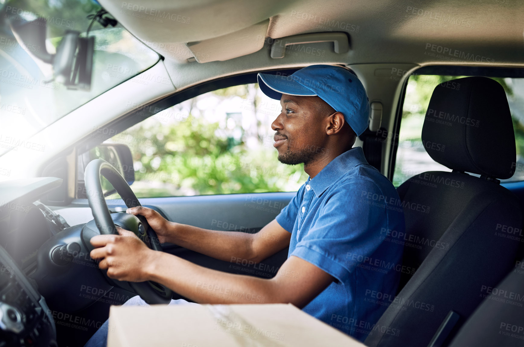 Buy stock photo African delivery man, driving and logistics in car with boxes, stock and direction at job in supply chain. Person, courier and commercial vehicle for cardboard package, shipping and transportation