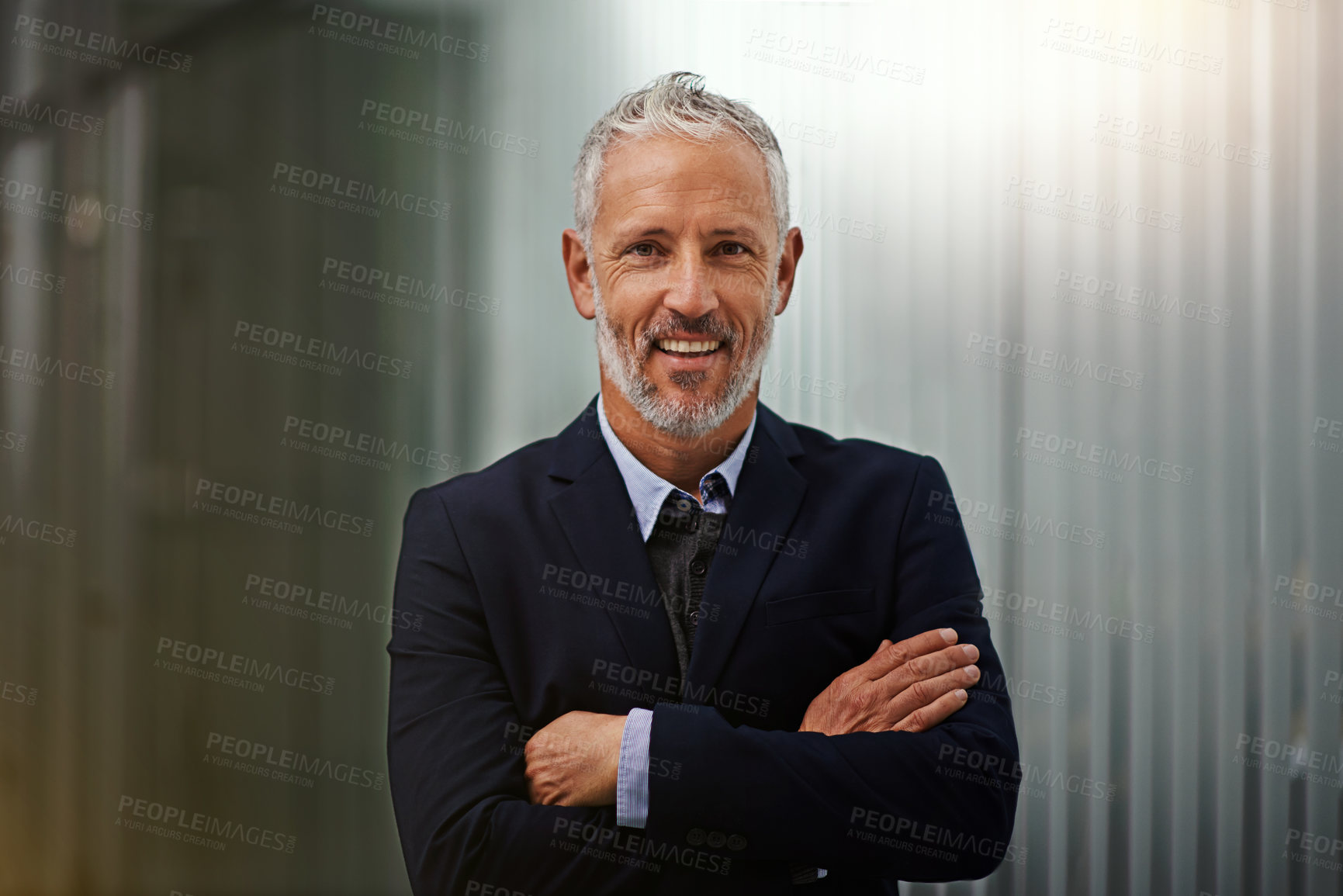 Buy stock photo Portrait, mission and arms crossed with a business man in his office, looking happy about his company growth. Vision, mindset and confidence with a senior male corporate manager standing at work