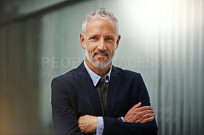 Buy stock photo Portrait, vision and arms crossed with a corporate man in his office, looking happy about his company growth. Mission, mindset and confidence with a senior male business manager standing at work