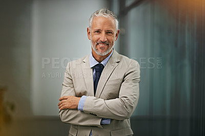 Buy stock photo Portrait, confident and arms crossed with a business man in his office, looking happy about his company growth. Mission, mindset and vision with a senior male corporate manager standing at work