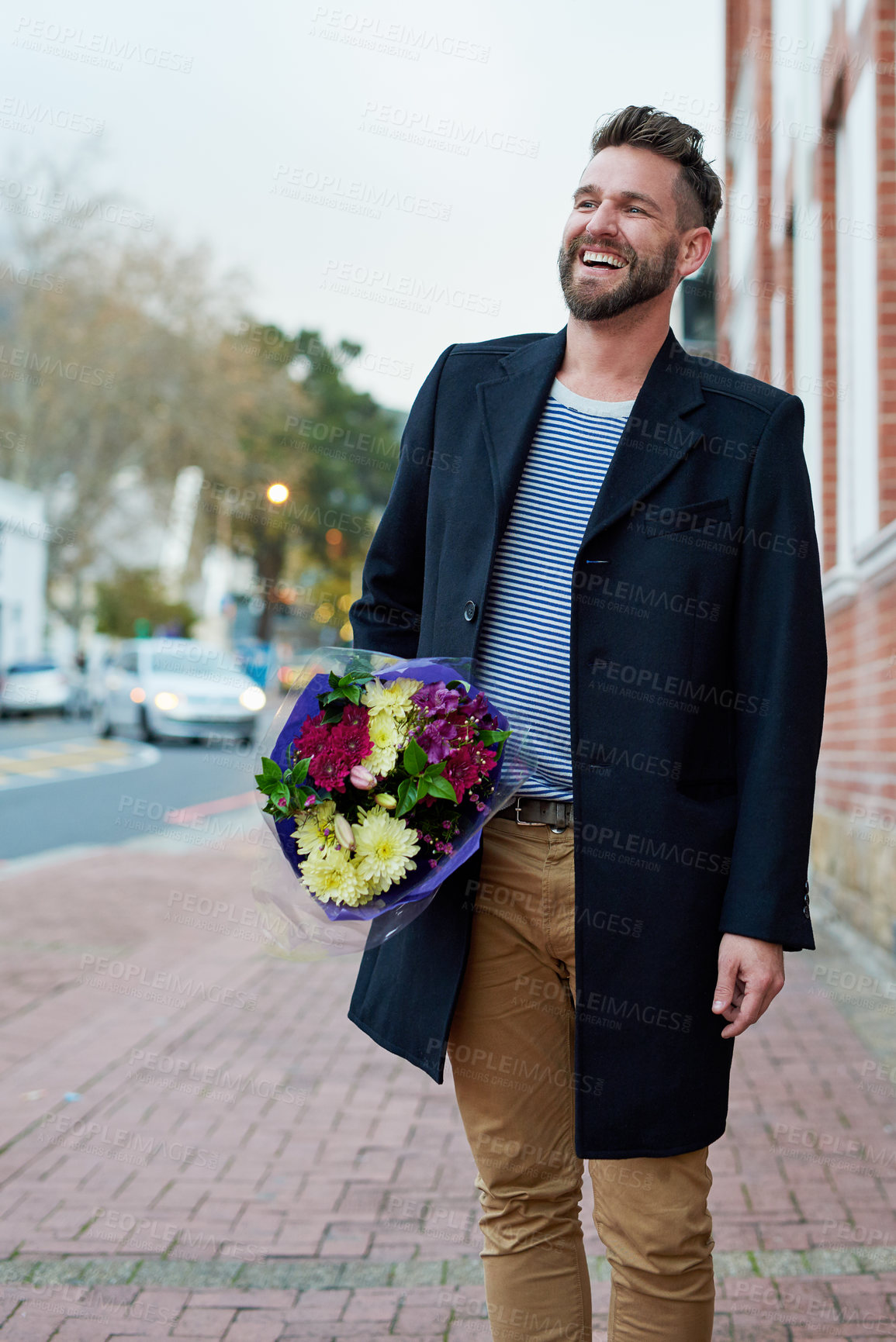 Buy stock photo Laugh, man and flowers in outdoor for surprise gift, date and  romance with hope on valentines day as celebration in city. Happy, male person and bouquet for proposal, anniversary and engagement