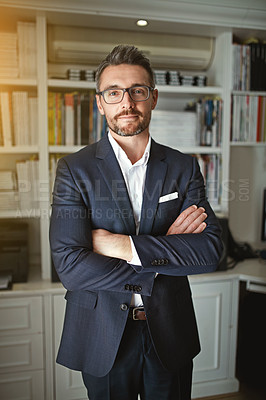 Buy stock photo Portrait of a businessman standing in his office