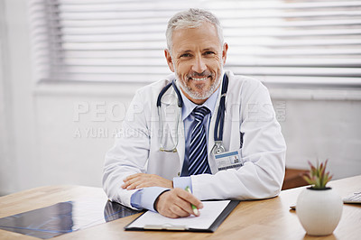Buy stock photo Healthcare, portrait and male doctor with a clipboard in his office analyzing xray document in hospital. Confidence, smile and professional mature man medical worker with paperwork by desk in clinic.