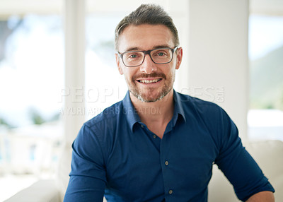 Buy stock photo Portrait, man or sofa of real estate, business or satisfaction of property, management or vision. Realtor, businessman or smile at professional, startup or entrepreneur as idea of dream house