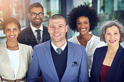 Buy stock photo Portrait, diversity and smile of business people in office, confident collaboration and corporate management. Group, professional teamwork and face of happy staff, commitment and global solidarity