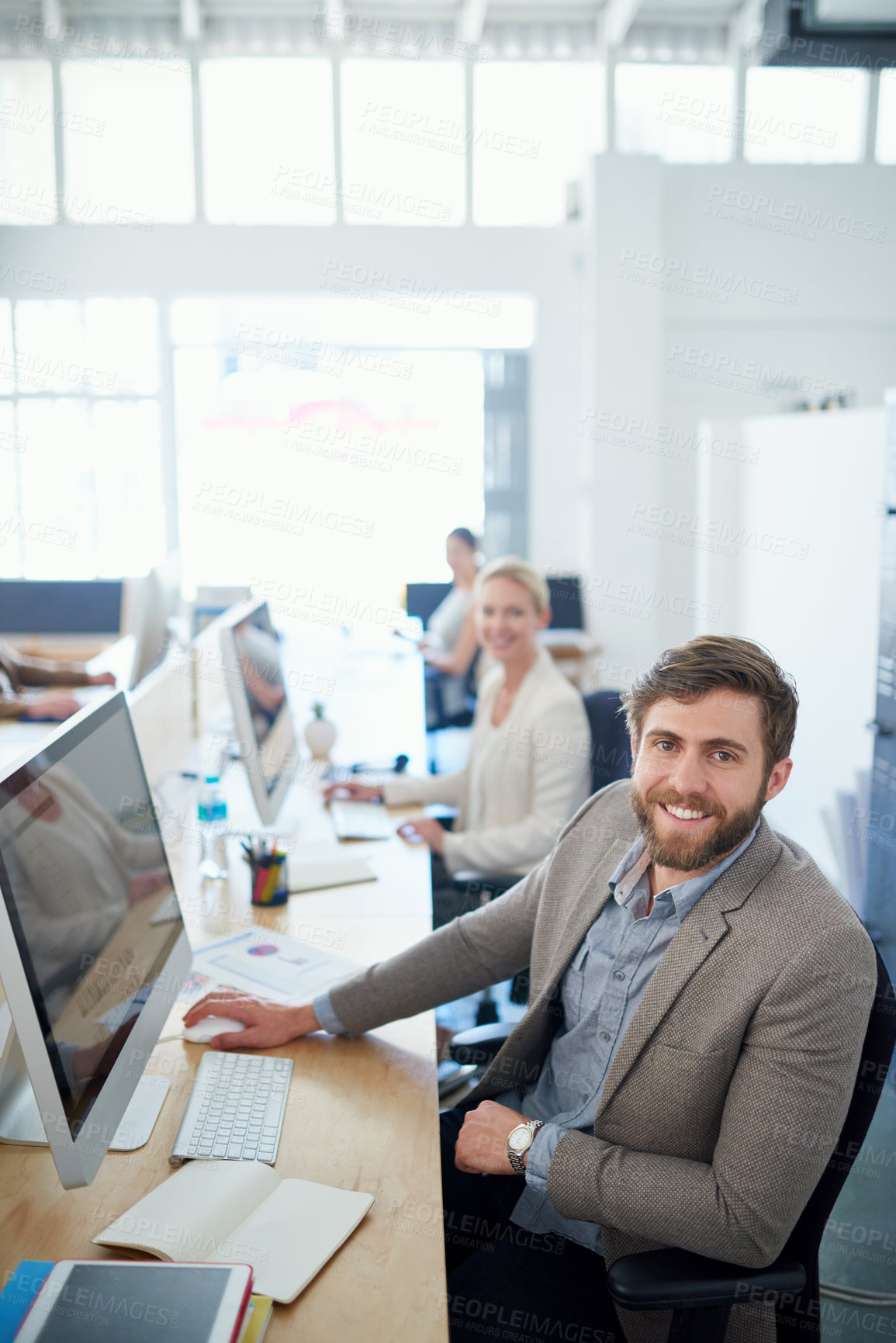 Buy stock photo Portrait, happy man and computer with office, employee and digital agency as brand designer. Male person, smile and technology in typing for working, project and deadline with coworking at company