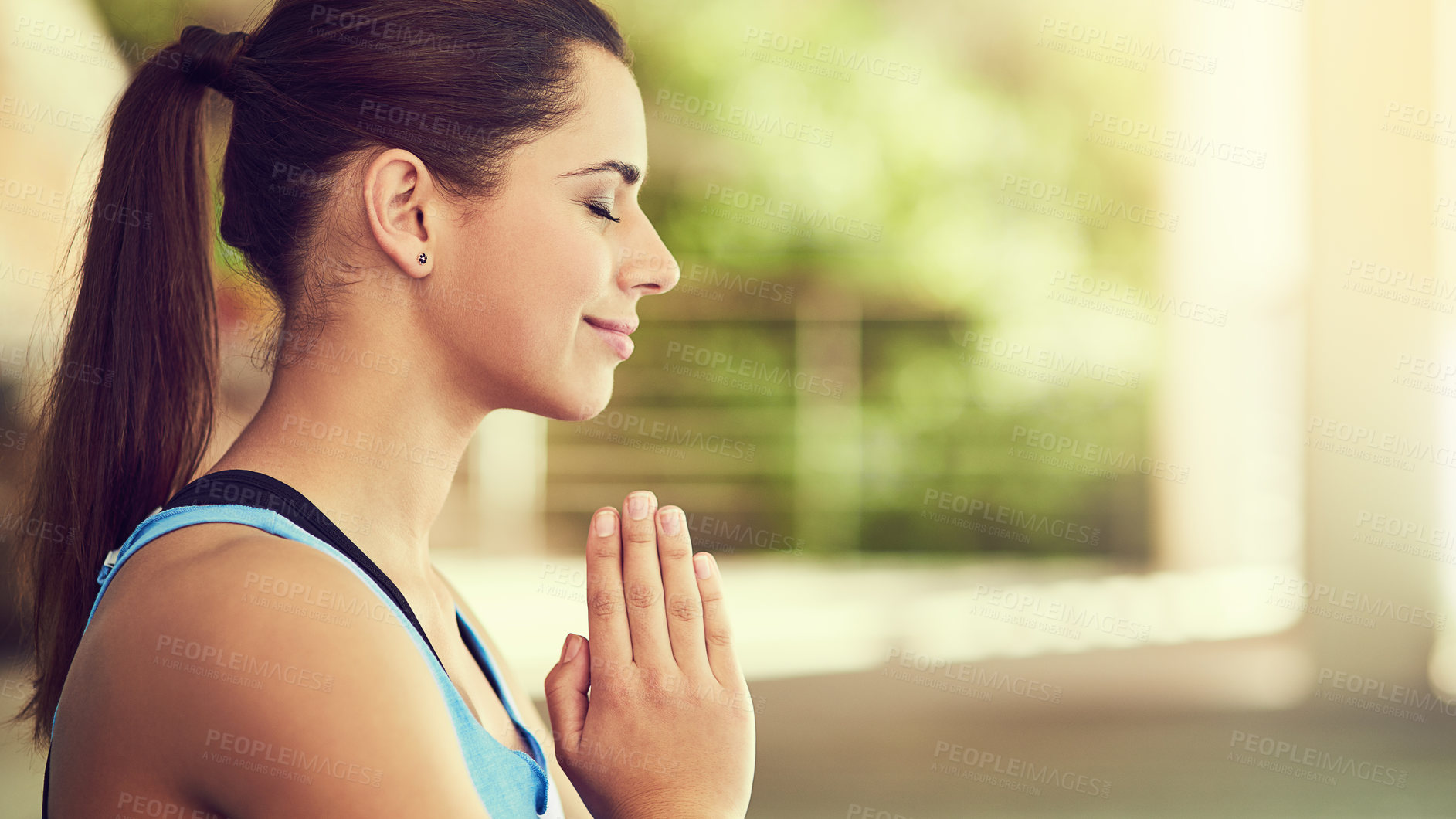 Buy stock photo Woman, yoga and pray hands with eyes closed for meditation, zen break and outside for wellness activity. Spiritual, peace and energy or chakra for body balance, mindfulness and yogi awareness