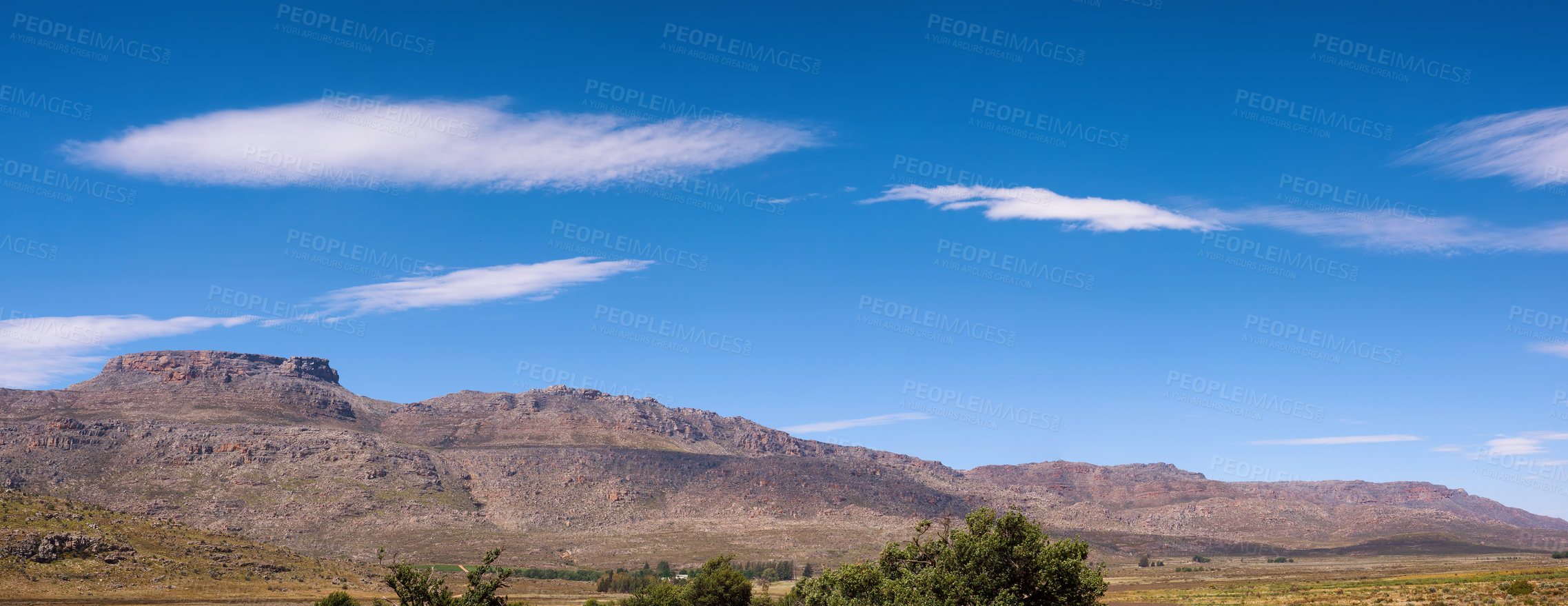 Buy stock photo Landscape, mountains and blue sky with banner of nature for environment, horizon and growth. Sustainability, plants and tourism with outdoor travel for view, habitat conservation and hills background