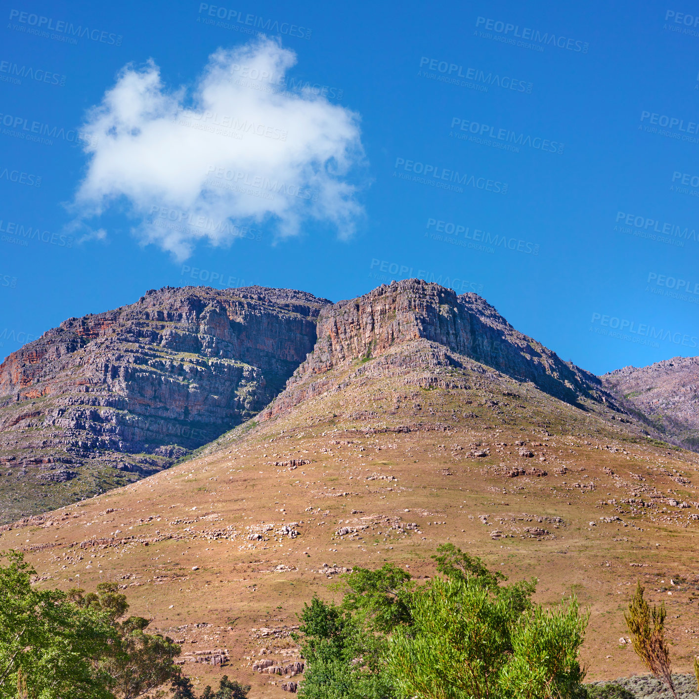 Buy stock photo Landscape, mountains and travel with plant in nature for environment, horizon and growth. Sustainability, blue sky and tourism with outdoor for rocks, habitat conservation and hills background