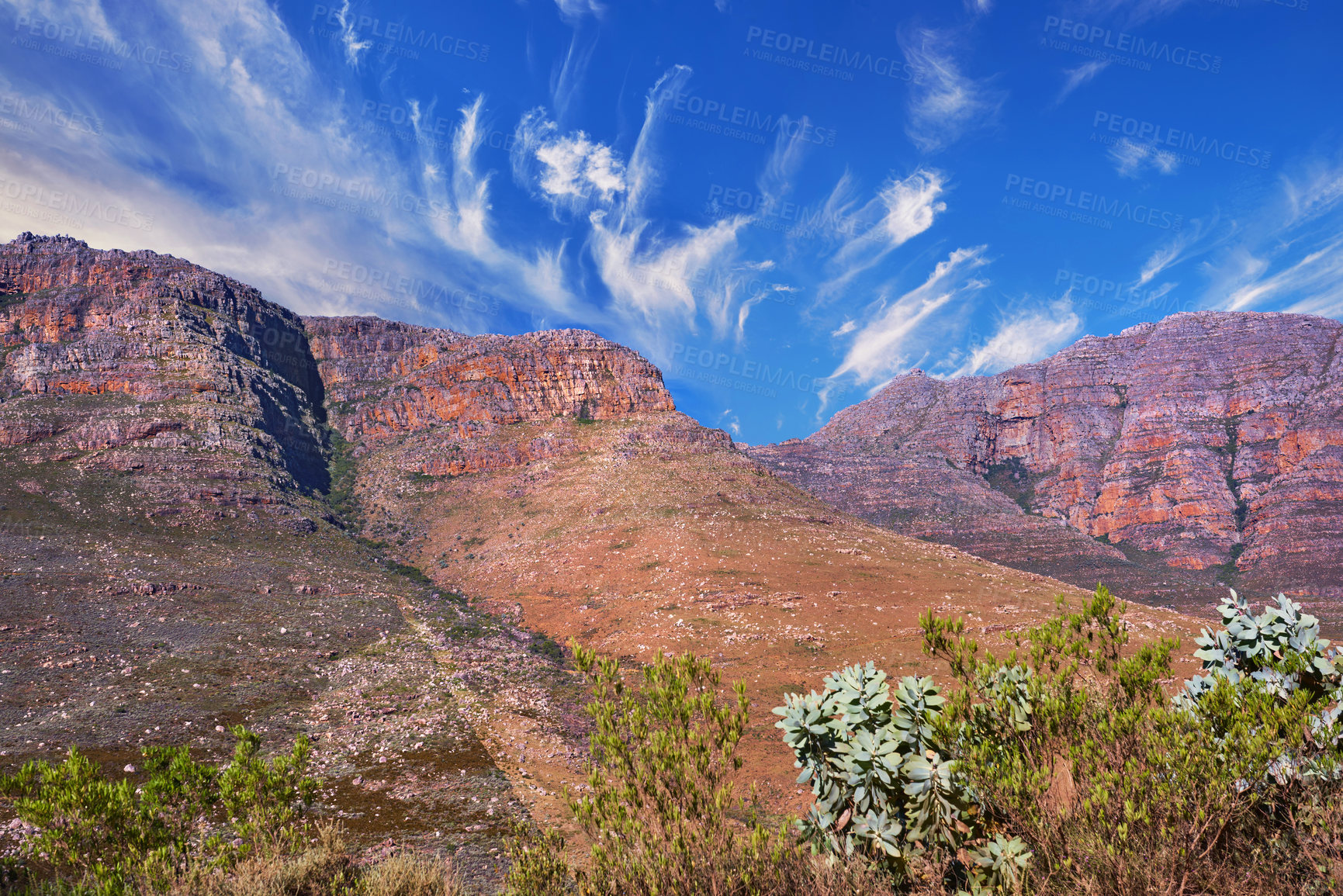 Buy stock photo Landscape, mountains and blue sky with plant in nature for environment, horizon and growth. Sustainability, travel and tourism with outdoor for rocks, habitat conservation and hills background