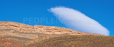 Buy stock photo Arid, mountains and environment with nature, blue sky and adventure with biodiversity. Empty, travel and hills with Australia desert, ecology and rocks with landscape, clouds and sunshine