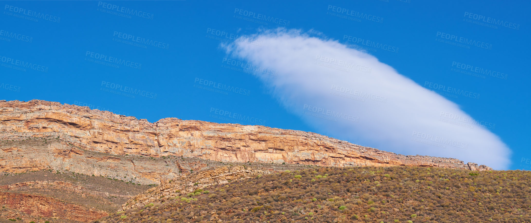 Buy stock photo Arid, mountains and environment with nature, blue sky and adventure with biodiversity. Empty, travel and hills with Australia desert, ecology and rocks with landscape, clouds and sunshine