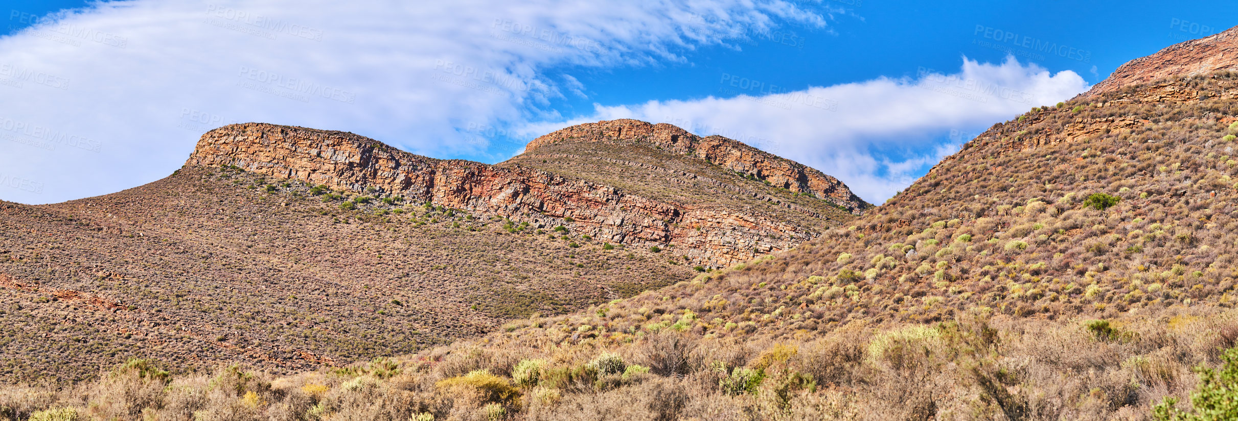 Buy stock photo Landscape, mountains and environment with nature, blue sky and climate change with journey. Empty, travel and hills with Australia desert, ecology or plants with clouds, arid and sunshine with flora