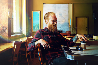 Buy stock photo Cropped shot of a male hipster in a coffee shop