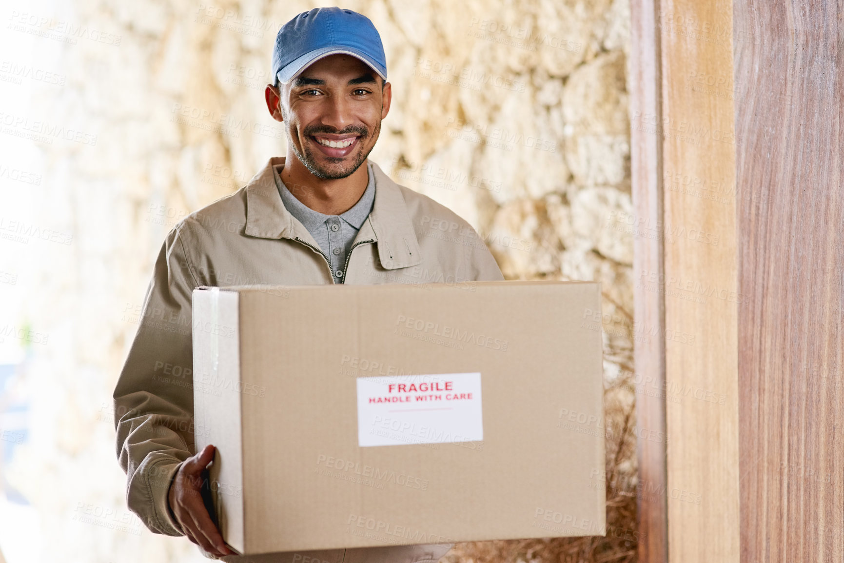 Buy stock photo Portrait, doorway and delivery man with package, box and smile with courier, customer parcel and ecommerce. Face, person and employee with service, cargo from supply chain and shipping with cardboard