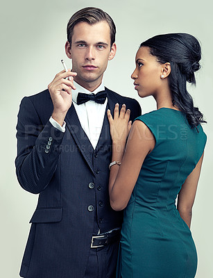 Buy stock photo Fashion, smoking and portrait for couple, vintage and style for cosplay and trend for classic and classy. Diverse people and gentleman with girlfriend and cigarette for confident, rich and luxury 