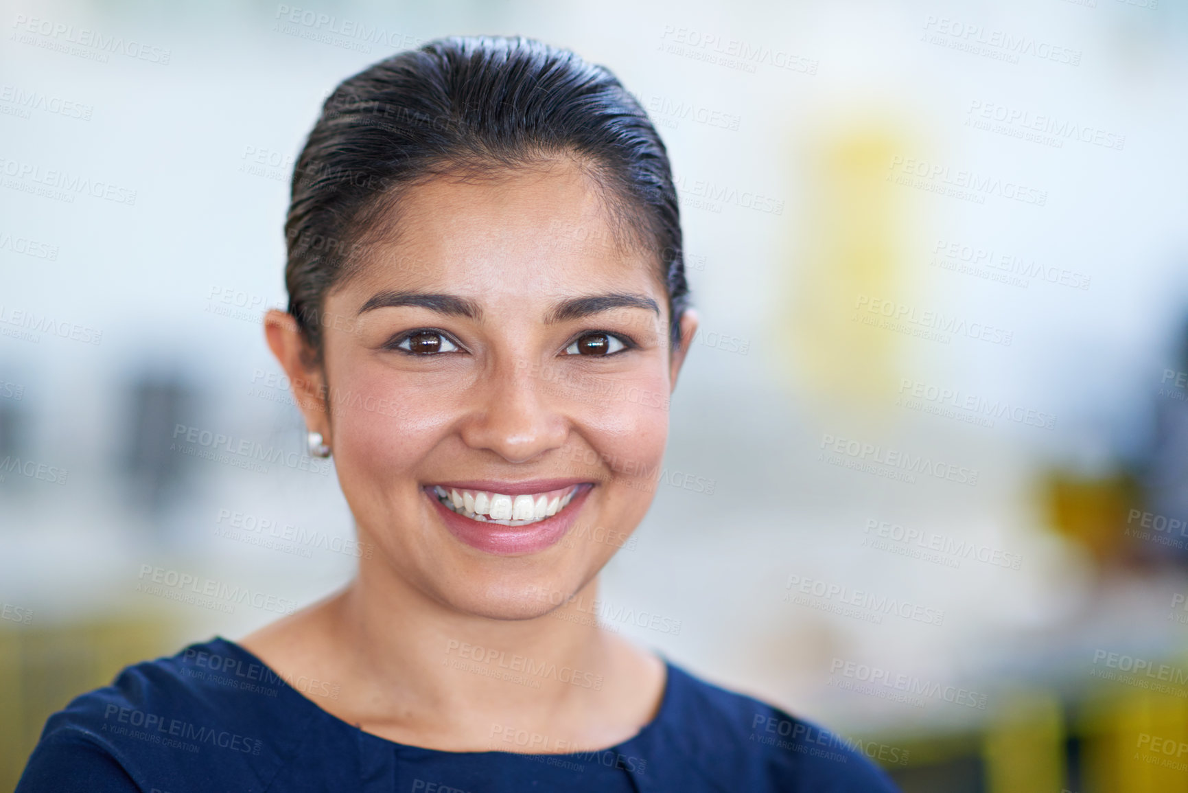 Buy stock photo Confident, business and portrait of woman in office with consultant, project manager and smile at creative agency. About us, happy face and businesswoman with opportunity, trust and pride at startup.