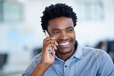Buy stock photo Happy, black man and consultant with phone call for friendly discussion, chat or proposal at office. Young African, male person or agent talking on mobile smartphone for online advice or conversation