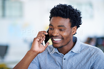 Buy stock photo Happy, black man and business with phone call for friendly discussion, chat or proposal at office. Young African, male person or consultant talking on mobile smartphone for advice or conversation