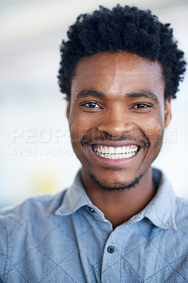 Buy stock photo Smile, creative and portrait of black man in office with confidence, career and project manager at agency. About us, design and happy face of businessman with opportunity, trust and pride at startup