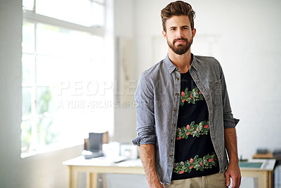 Buy stock photo Portrait, man and pride in office for business, career or professional entrepreneur and smile. Architect, confidence and happy for growth or development in workplace or agency with motivation for job