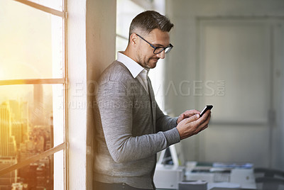 Buy stock photo Phone, business man and typing email for communication, networking or research information online. Mobile technology, scroll or office worker reading project results with SEO specialist on lens flare