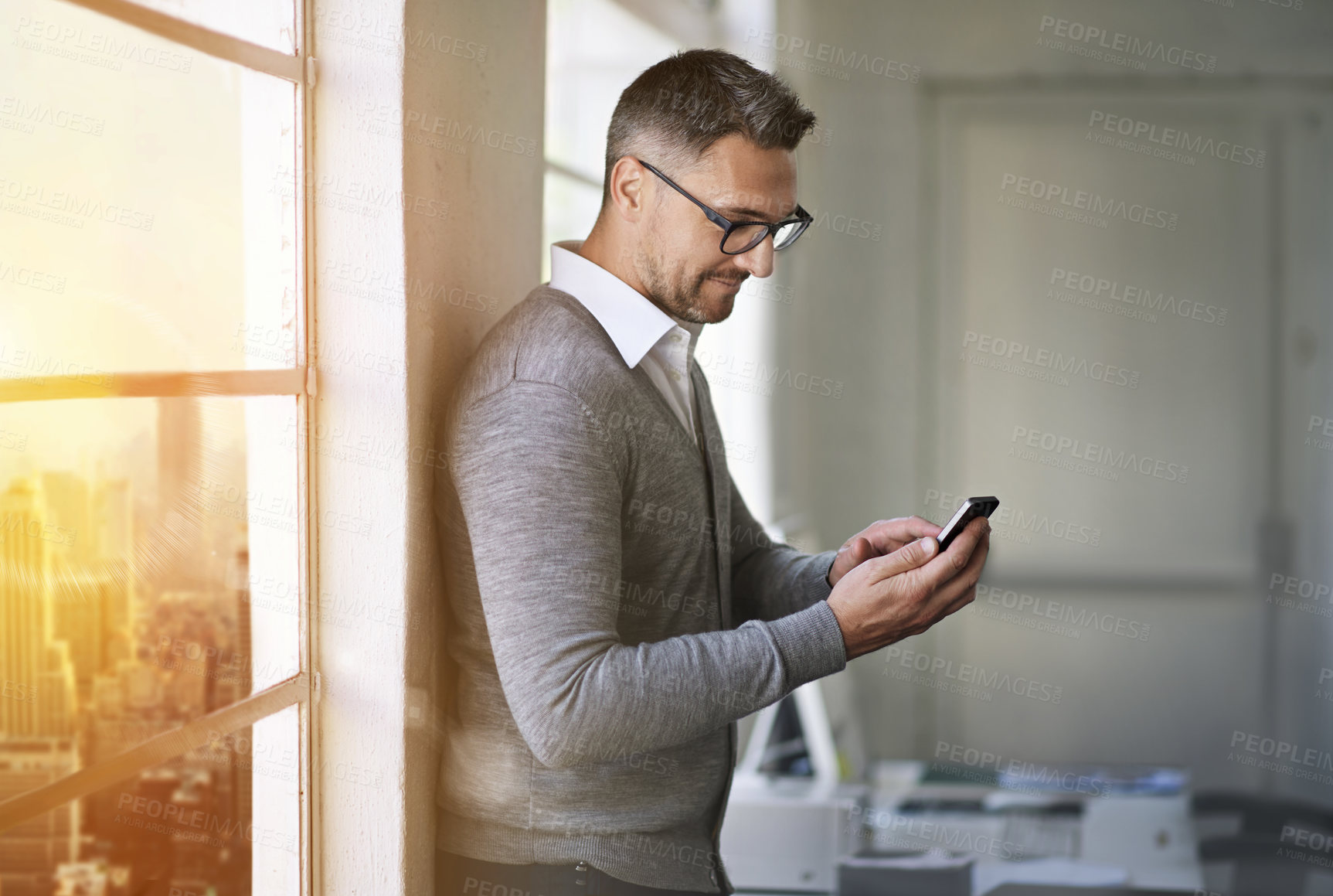 Buy stock photo Phone, business man and typing email for communication, networking or research information online. Mobile technology, scroll or office worker reading project results with SEO specialist on lens flare