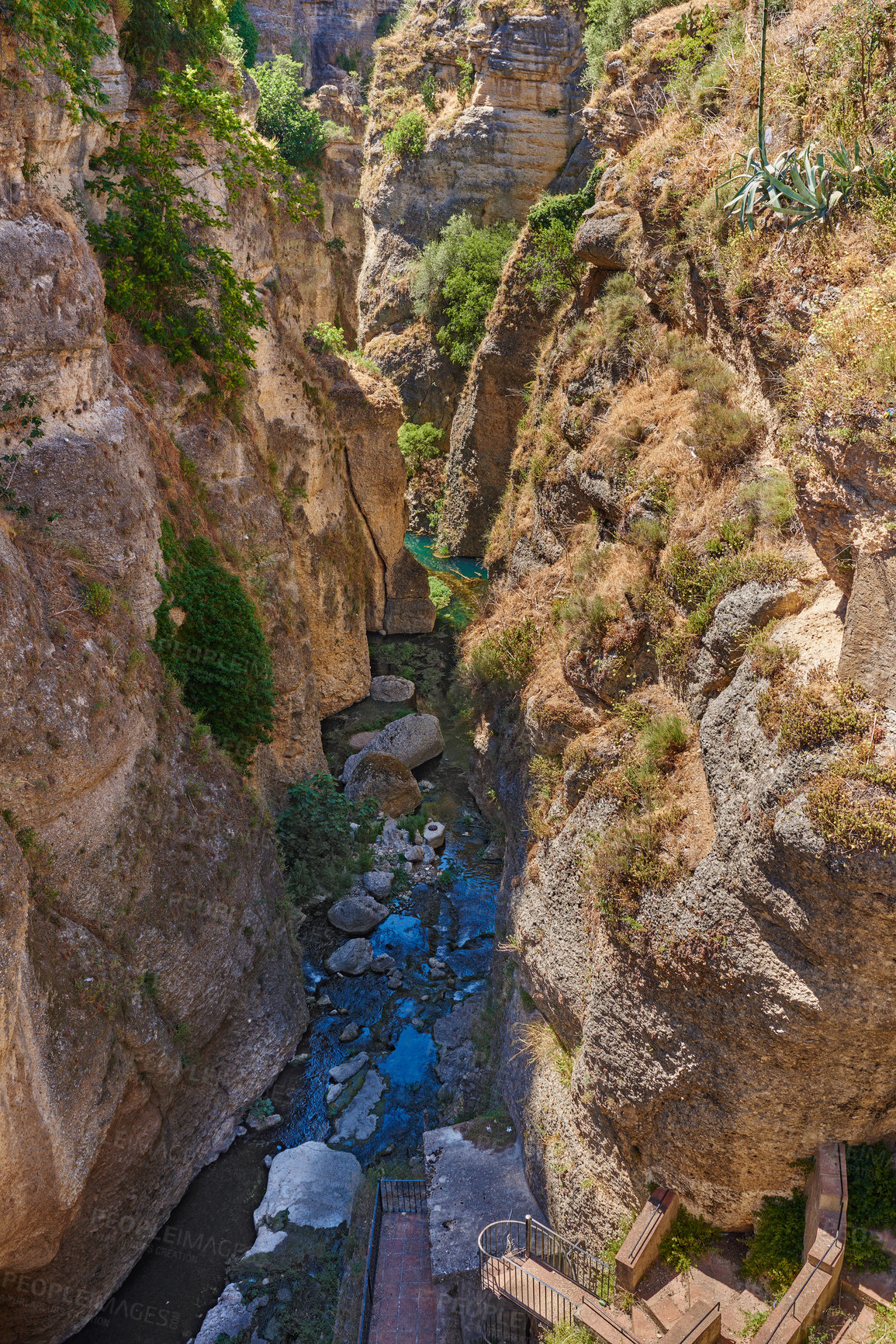 Buy stock photo Nature, landscape and valley in mountain in Spain for environment, travel and scenic destination. Natural background, aerial view and hills, rocks and cliff in countryside, outdoors and terrain