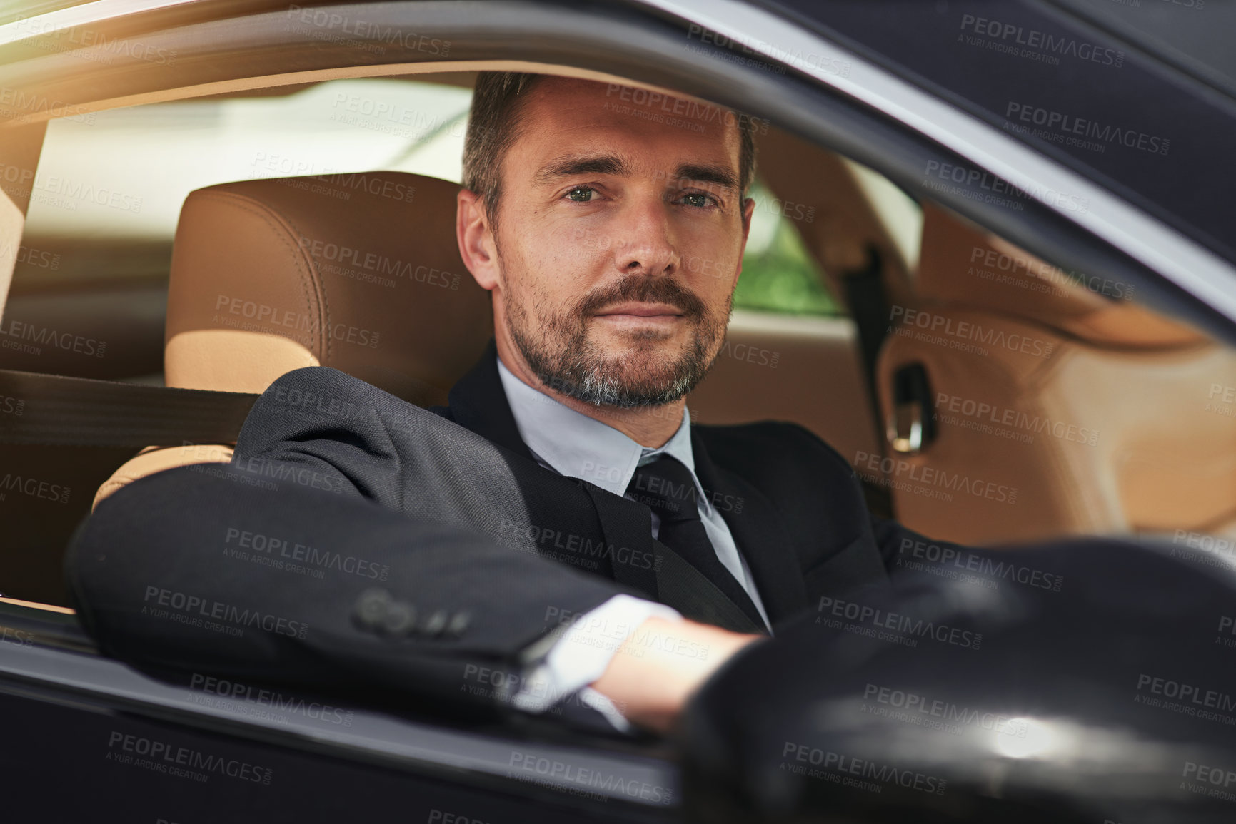 Buy stock photo Businessman, travel and driving in car with portrait for commute to corporate work or job as entrepreneur of company. Man, motor vehicle and daily journey with transportation, traffic and on route.