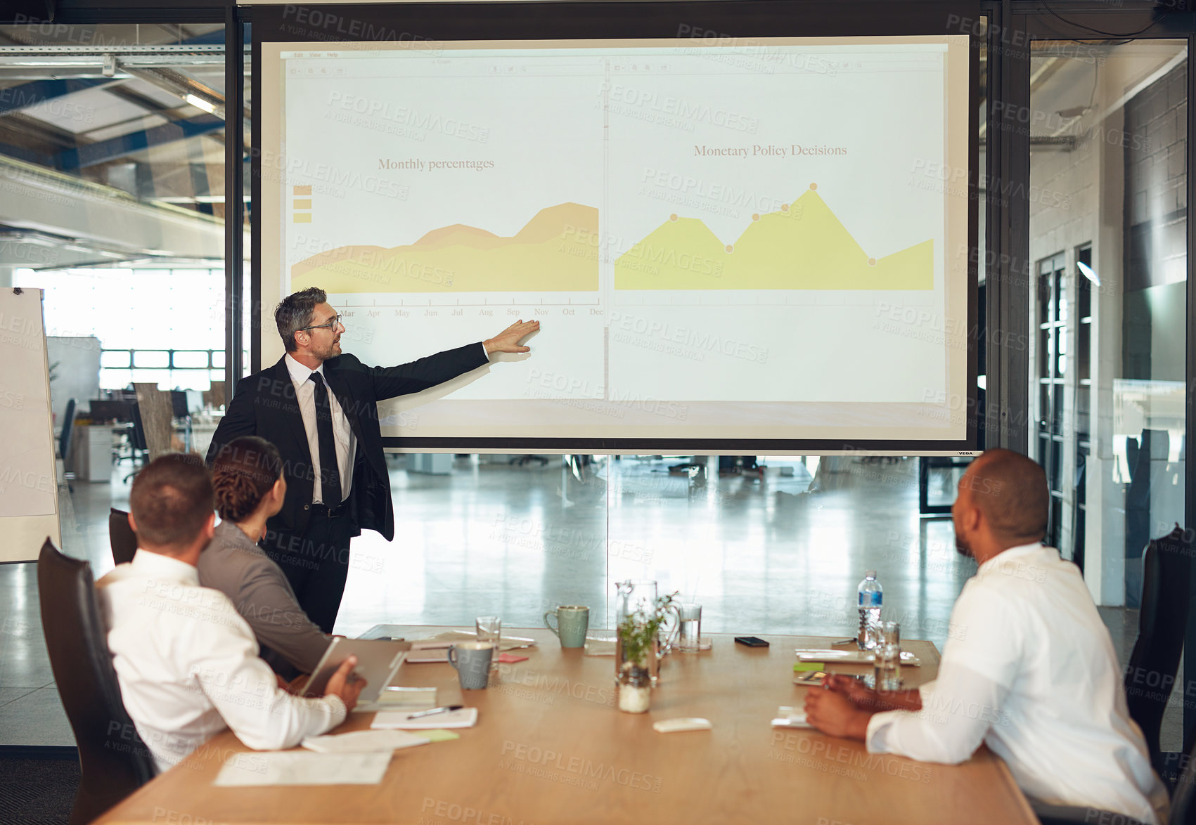 Buy stock photo Businessman, presentation and meeting with data statistics in boardroom with financial analysis, charts or report. Colleagues, screen and review for company productivity or workshop, sales or growth