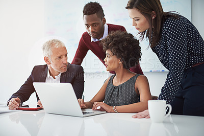 Buy stock photo Business people, laptop and conversation with teamwork, collaboration and boardroom with diversity. Online research, discussion and public relations with planning and working on project together