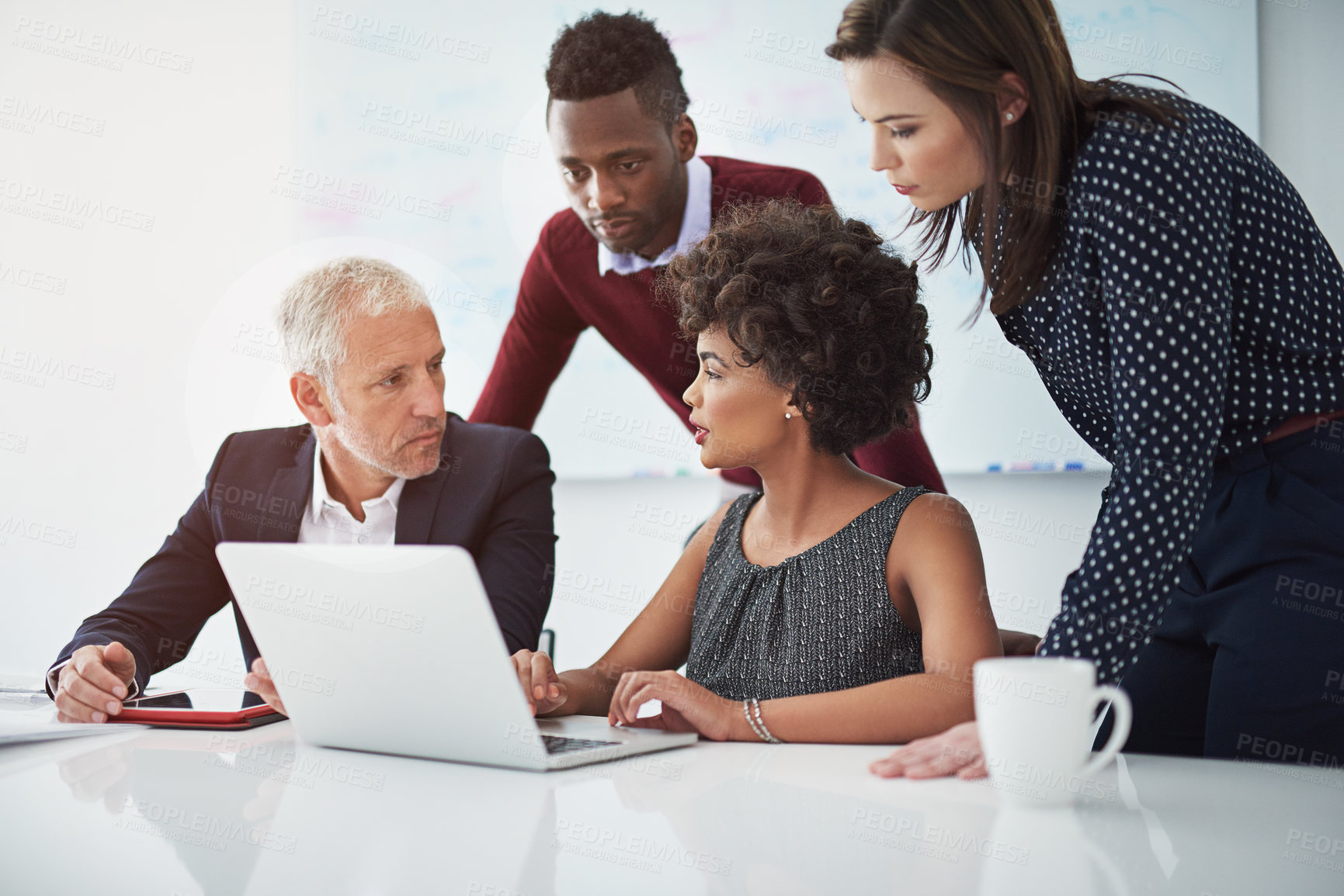 Buy stock photo Business people, laptop and conversation with teamwork, collaboration and boardroom with diversity. Online research, discussion and public relations with planning and working on project together