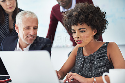 Buy stock photo Teamwork, laptop and business people in meeting for online research, website and internet. Professional, corporate workers and men and women on computer for planning, collaboration and news in office
