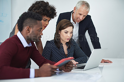 Buy stock photo Laptop, business people and brainstorming with teamwork, productivity and planning for project. Group, startup or employees with computer, support or design agency with conversation, idea or research