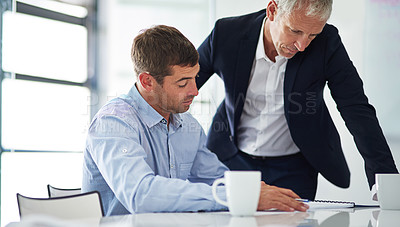 Buy stock photo Business people, working and mentor paperwork with CEO, collaboration and corporate teamwork with case. Office, boardroom and attorney staff with discussion and employee with training conversation