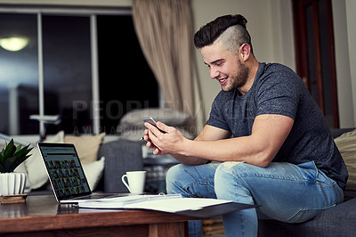 Buy stock photo Business, computer and man on sofa for remote work, working from home and freelancer job. Communication, networking and person on laptop for planning, online meeting and collaboration in house