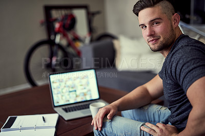 Buy stock photo Portrait of man, remote work or laptop for copywriting, planning or research in home or house. Intern, freelancer or confident blog writer typing on screen, internet or editing project with notes