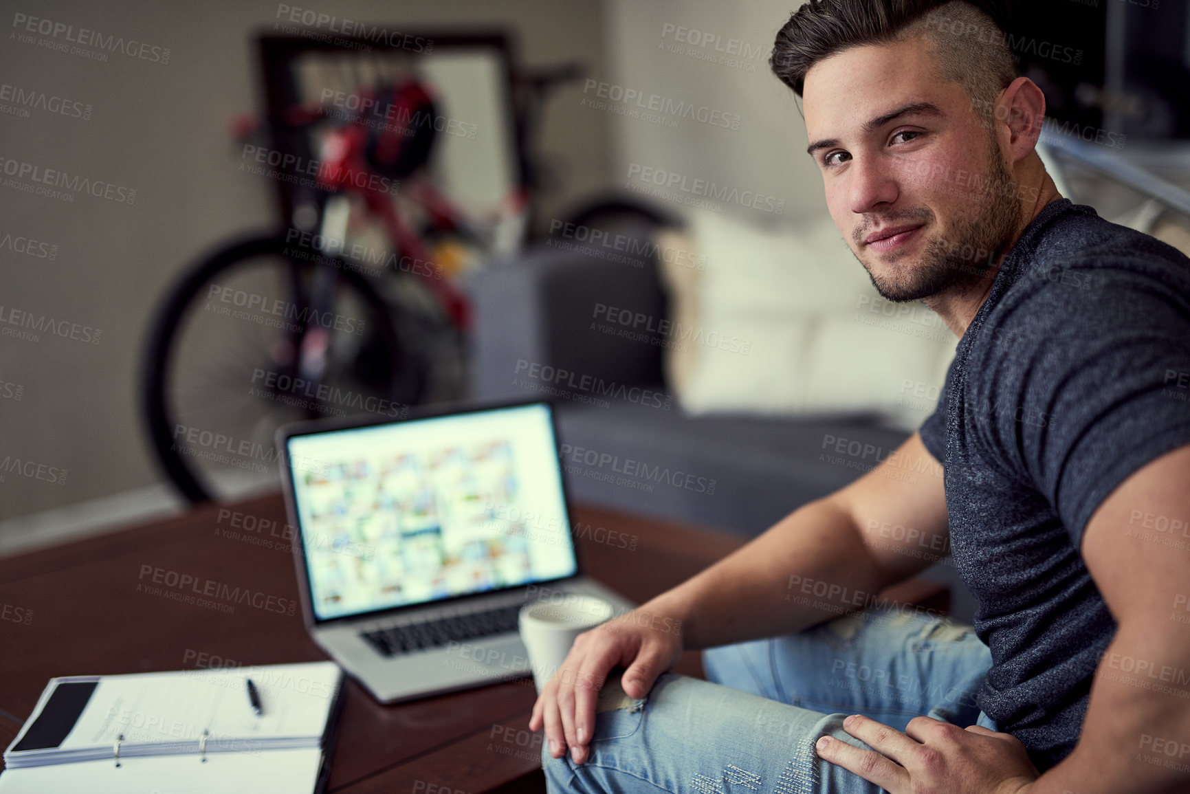 Buy stock photo Portrait of man, remote work or laptop for copywriting, planning or research in home or house. Intern, freelancer or confident blog writer typing on screen, internet or editing project with notes