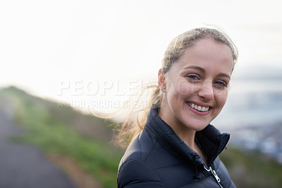 Buy stock photo Portrait, happy or woman hiking on outdoor adventure to explore on holiday vacation in Germany. Smile, relax or hiker trekking on path for training, wellness or travel journey for fitness in nature