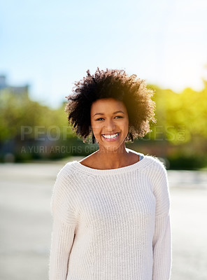 Buy stock photo Portrait of a happy young woman going in the city