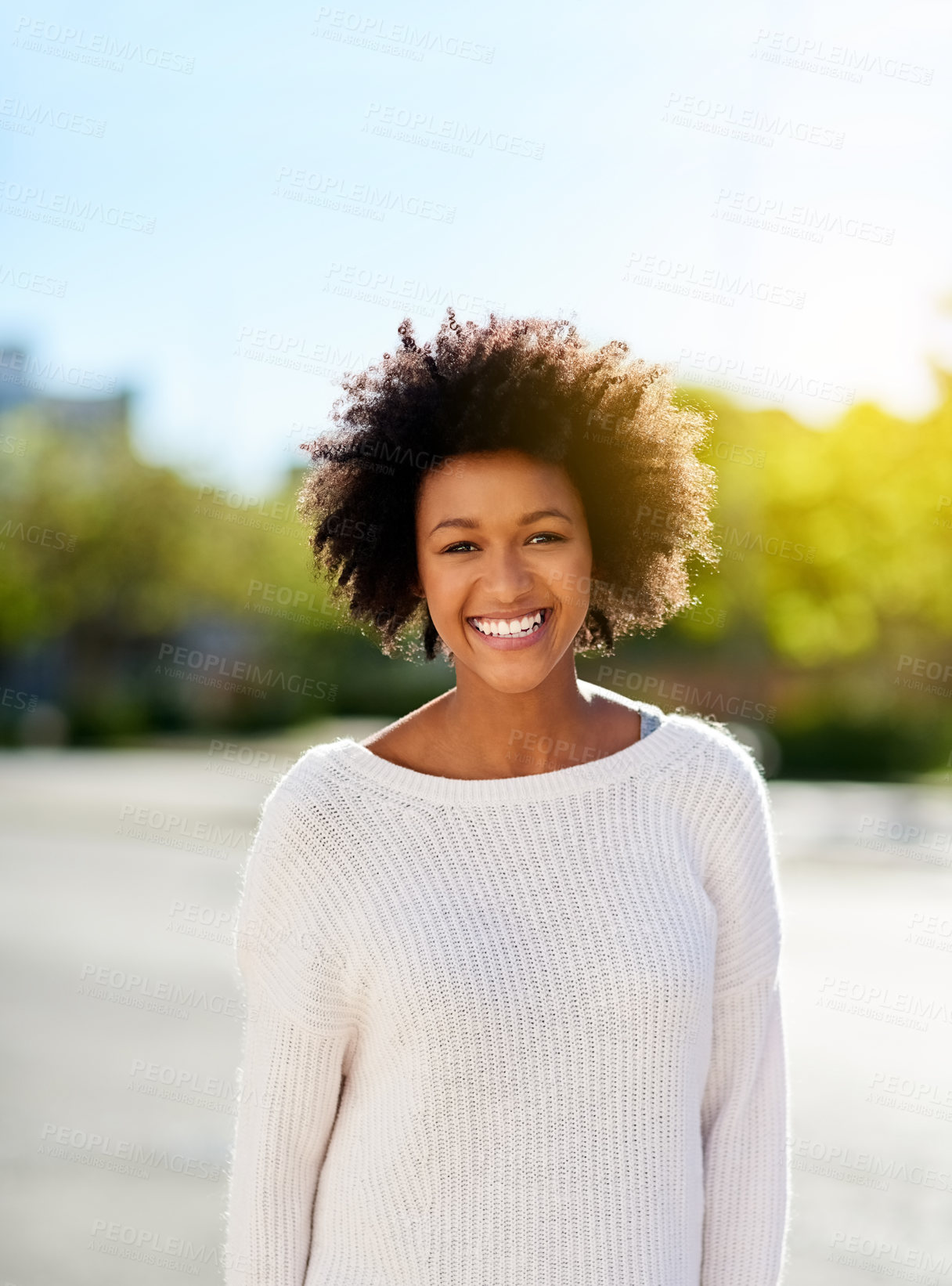 Buy stock photo African woman, happy and portrait in street with sunshine on commute, holiday and excited in city. Girl, person and smile on metro sidewalk with streetwear for vacation, tourism or travel in Atlanta