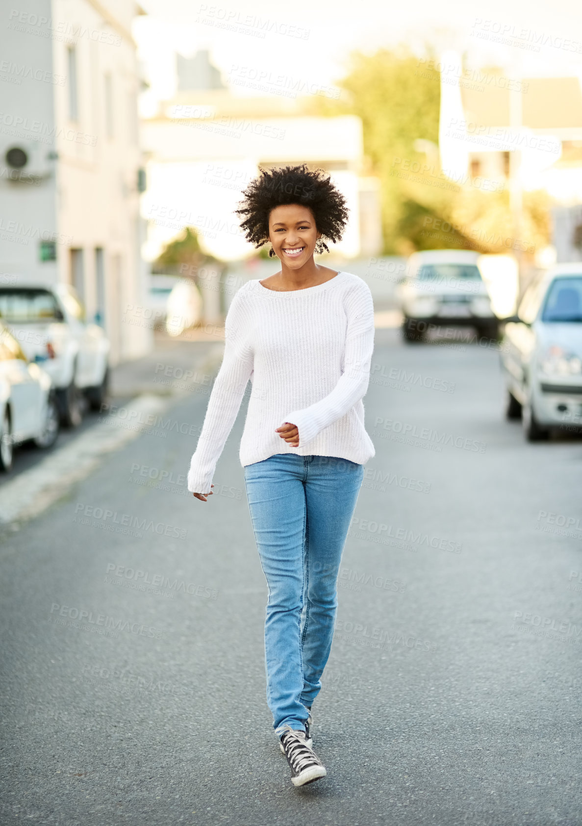 Buy stock photo Portrait of a happy young woman going for a walk in the city